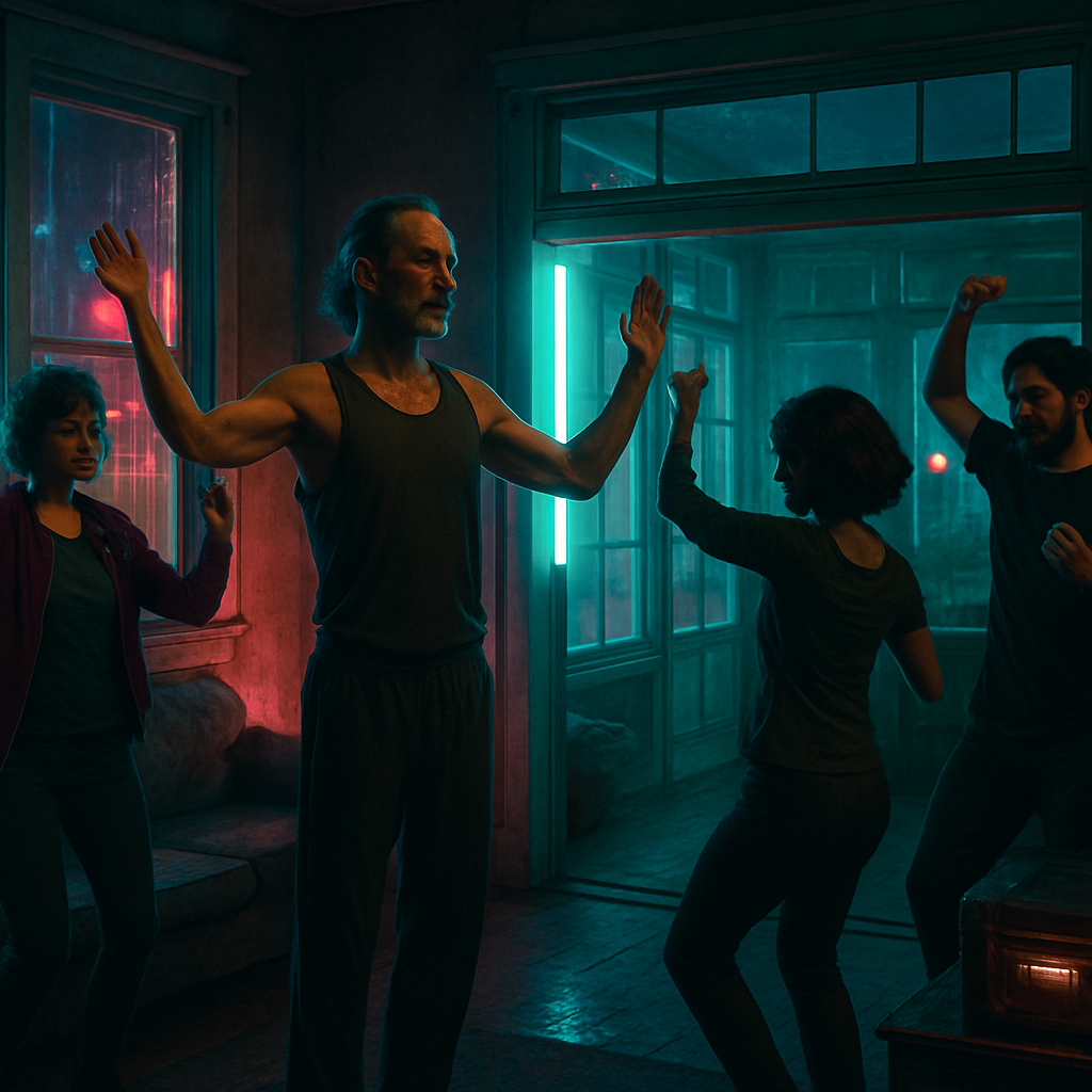 In an unfamiliar, worn house filled with various rooms, the dreamer navigates through tasks with a group led by a yoga teacher. The group shops for supplies, becomes aware of emergency resources, and later dances ecstatically, symbolizing self-discovery and resilience.