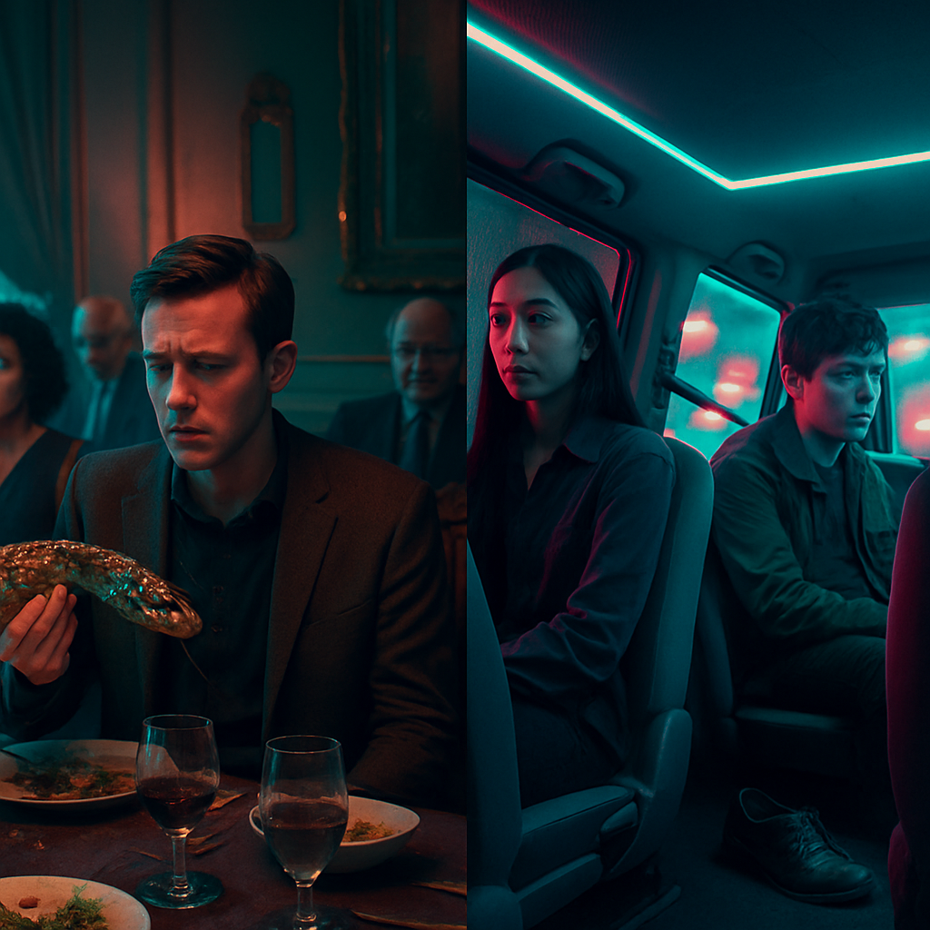 The dream involves a dinner party where a snake is eaten, causing discomfort to the dreamer. The dreamer wants to pay respects to the snake. A ride in a minivan follows, involving friends and a crush, with a rearrangement of seats causing emotional reactions.