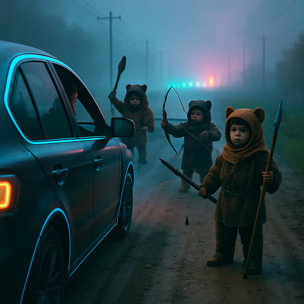 The dreamer drives down a dirt road while children dressed as Ewoks prepare to attack passersby. The dreamer persuades them not to, emphasizing a need to get to school or work.