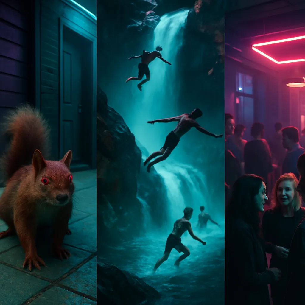 A squirrel follows the dreamer, who hides in a house to avoid it. They then witness John Pollack and others diving dangerously at a waterfall. Finally, they attend a party with former acquaintances and desire social harmony.