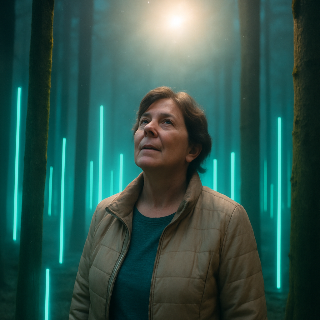 The dreamer sees their mother in a place where her wishes are instantly fulfilled, surrounded by poles and tree trunks, creating a sense of anticipation and wonder.