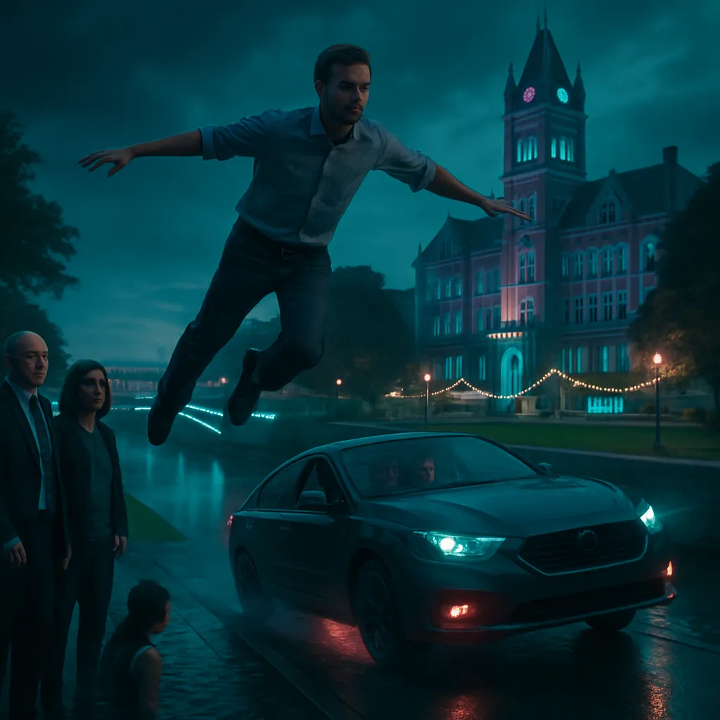 The dreamer finds themselves in uncertain roles involving school staff, experiences a loss of control in a car down a hill, and later avoids swimming across a canal. They conclude their journey by flying over a college campus, only to find it empty post-festivities.