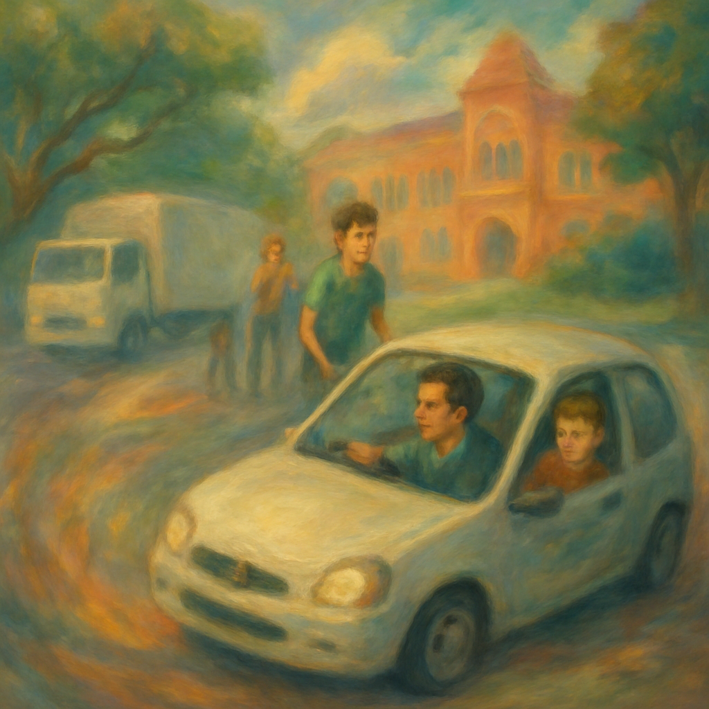 The dreamer finds themselves in a 'Fast and Furious'-like scenario, navigating confusing times with a group, experiencing strange deliveries. They are tasked with caring for a young student on a school visit, attempting to blend in with a small car.