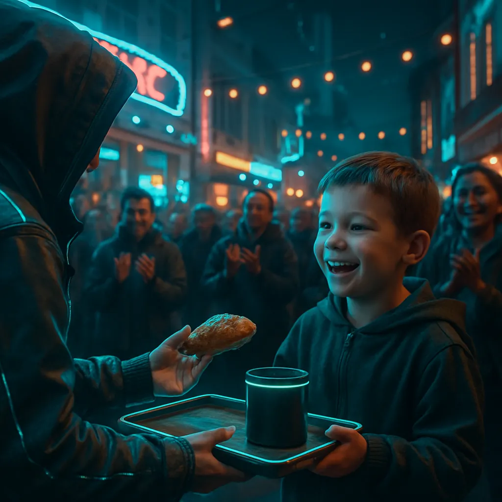 In a town, a big public event is taking place. Two objects, a wooden tray and a black cylinder, are being prepared. People are happy, and a reward is given. A small boy receives a treat and feels happy.
