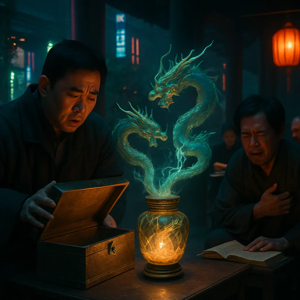 The dreamer opened a box that contained a jar with Buddha's relics, which transformed into creatures resembling dragons. Along with Yoshisada, who became ill, the dreamer experienced anxiety over the mysterious elements and the spiritual texts being read.