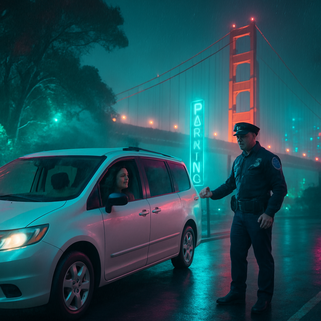 The dreamer is driving a white minivan with a woman in San Francisco, searching for parking. They encounter a police officer who suggests a less than ideal parking spot, leading to indecision and distrust towards authority.
