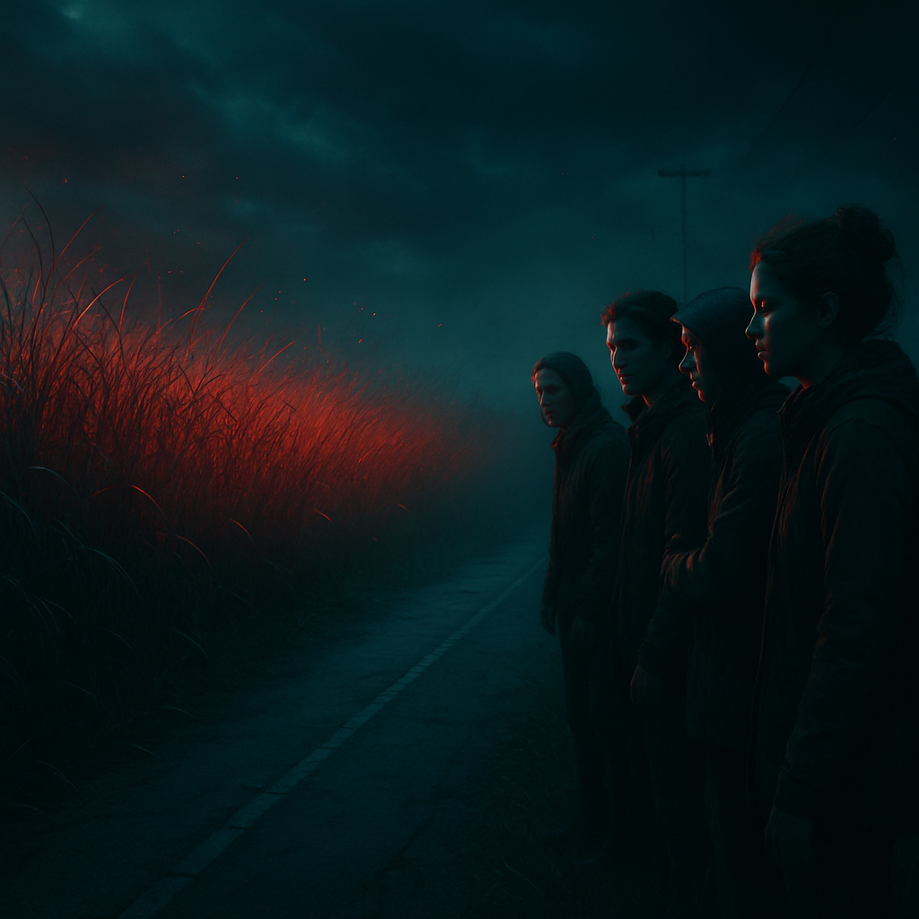 The dream involves a crisis causing people to withdraw from activities due to unhappiness and fear. They feel threatened by dangers in high grass and seek safety on a cleared road.