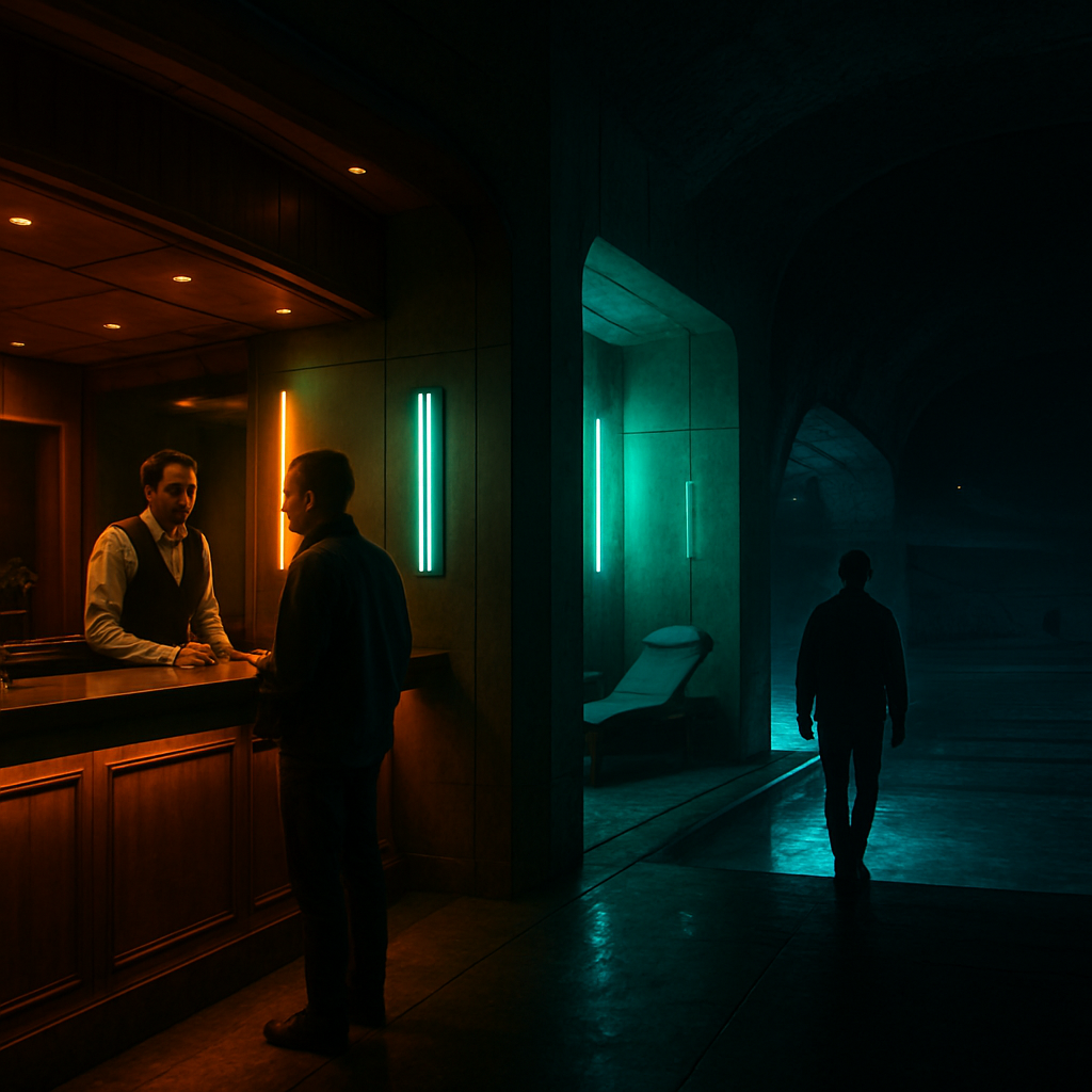 The dreamer finds themselves in an underground hotel lobby and moves through various settings, including a spa, an underground pool, and a dark stadium, reflecting themes of self-exploration and solitude.
