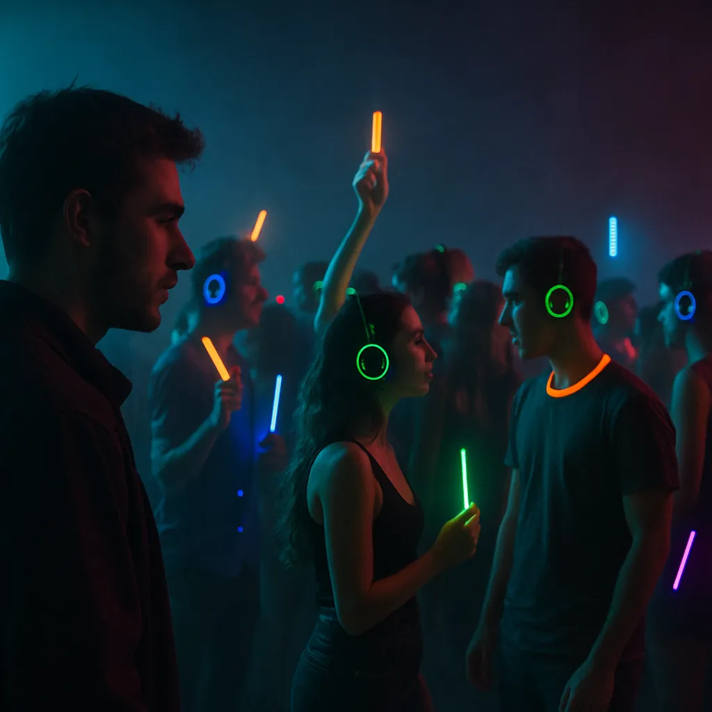 The dreamer observes a silent rave or party with unfamiliar people, characterized by neon glow sticks and a dark atmosphere, as if watching a movie.