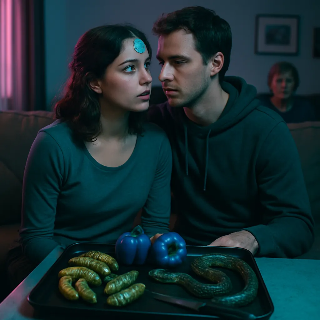 The dreamer and Chris P. get close but face hesitation in taking their relationship further. Preparing a meal with unusual ingredients like caterpillars and snakes symbolizes unsettling feelings. Conversations about exotic blue peppers and a labradorite pendant over the third eye suggest a search for intuition.