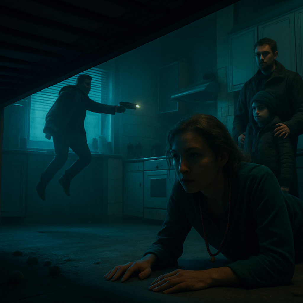 The dreamer recalls staying in a house with various people, including her husband. They accidentally disturb a sleeping man, who becomes a threat with a gun. She hides under a bed while the threat subsides, later returning to a communal kitchen. Morning light signals safety.