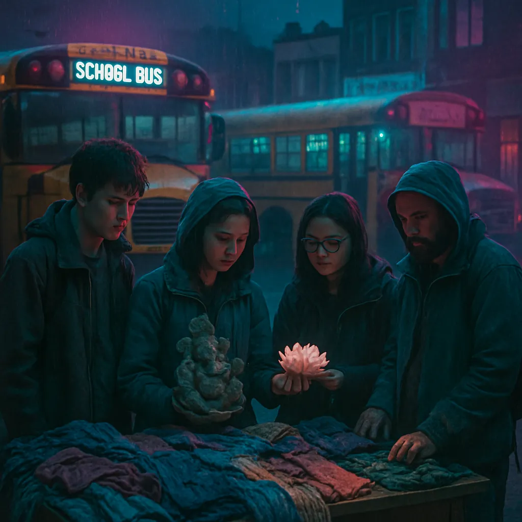 The dreamer was traveling with others on school buses but ended up stranded in a town. They explored donated clothing and objects, and chose some items, including a lotus flower figurine.