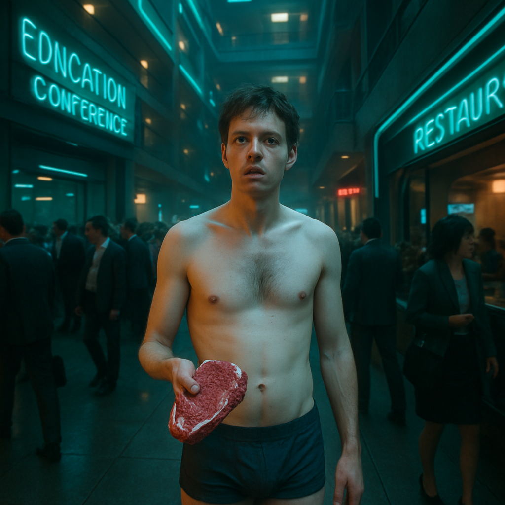 The dreamer is at a large education conference, experiences confusion and vulnerability while searching for their room, and encounters strange situations like holding a raw steak.