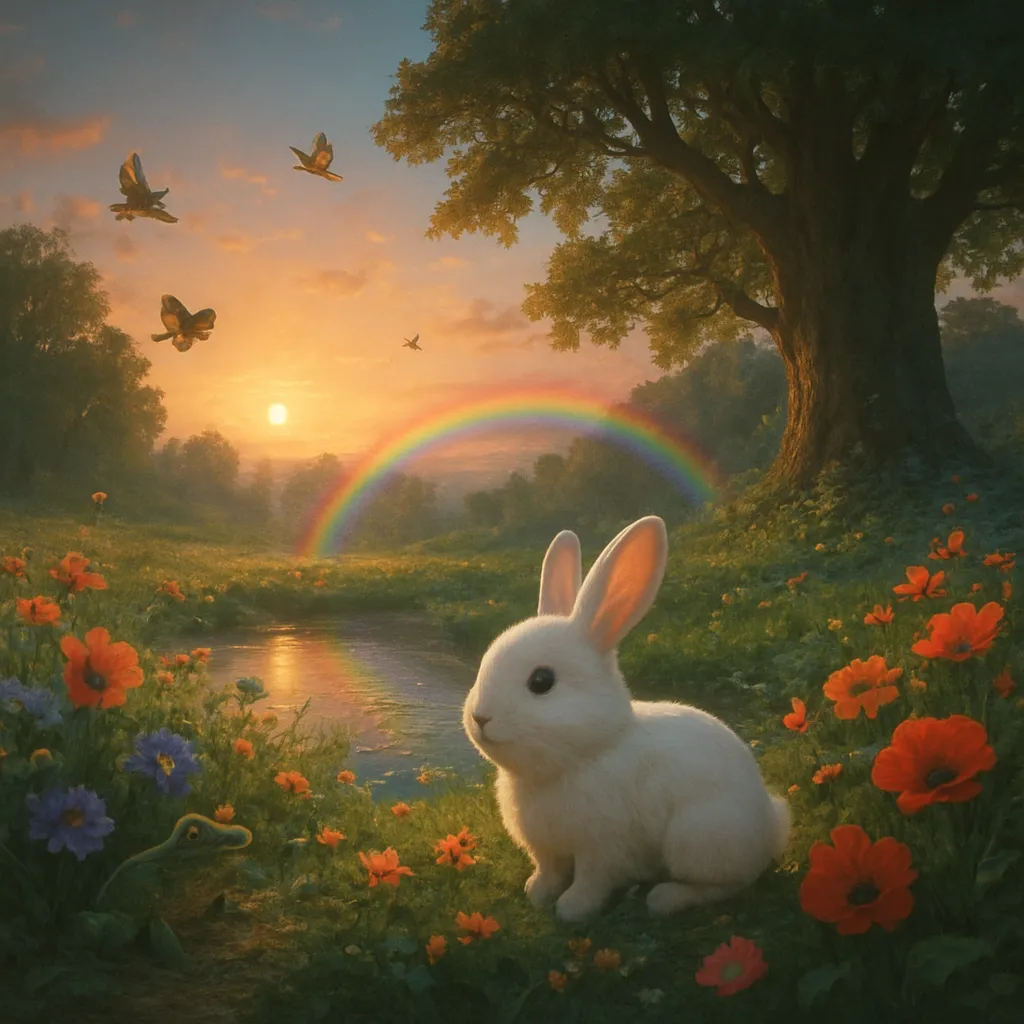 A joyful dream featuring a cute white bunny navigating a colorful and magical world filled with friendly animals, vibrant nature, and cheerful animations.