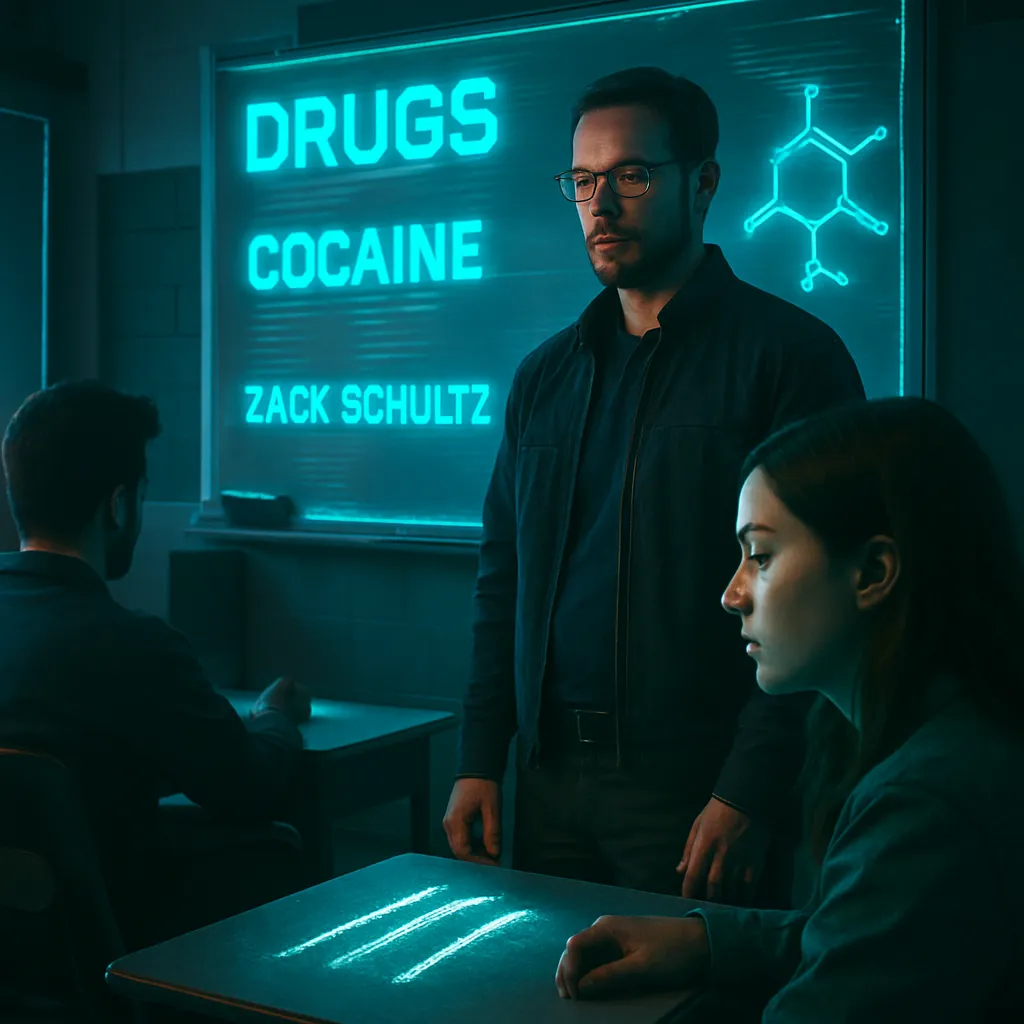 The dream depicts a scenario where the dreamer is in a classroom learning about drugs, specifically cocaine, and reflecting on past drug use with the teacher, Zack Schutz.