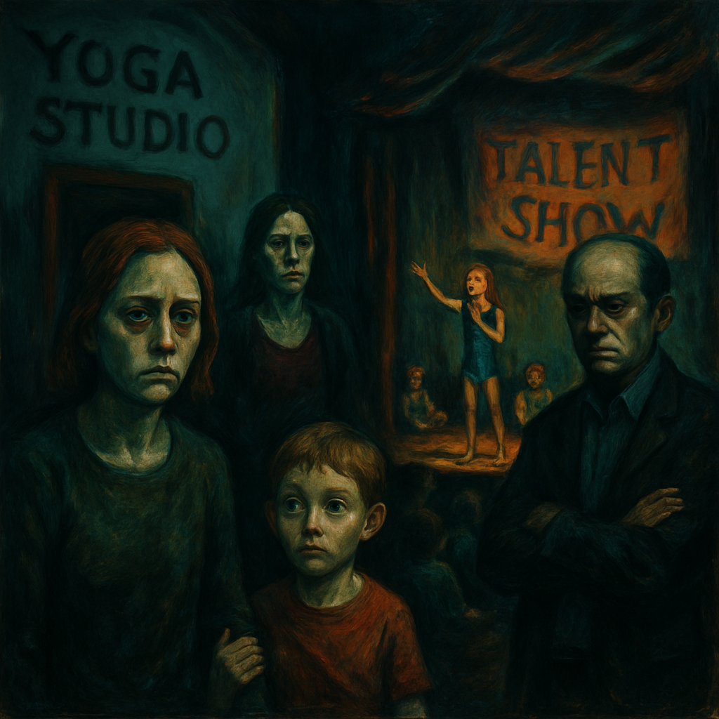 The dreamer is at a Yoga Studio they used to work for, feeling betrayed and appalled by past manipulations. They're there to pick something up, accompanied by their son. Amidst a crowded talent show event, they feel trapped watching a disorganized performance.