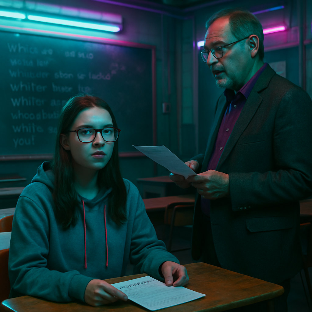 The dream involves returning to a high school setting where a teacher gives vocabulary homework and comments on one's appearance, hinting at themes of identity and learning.