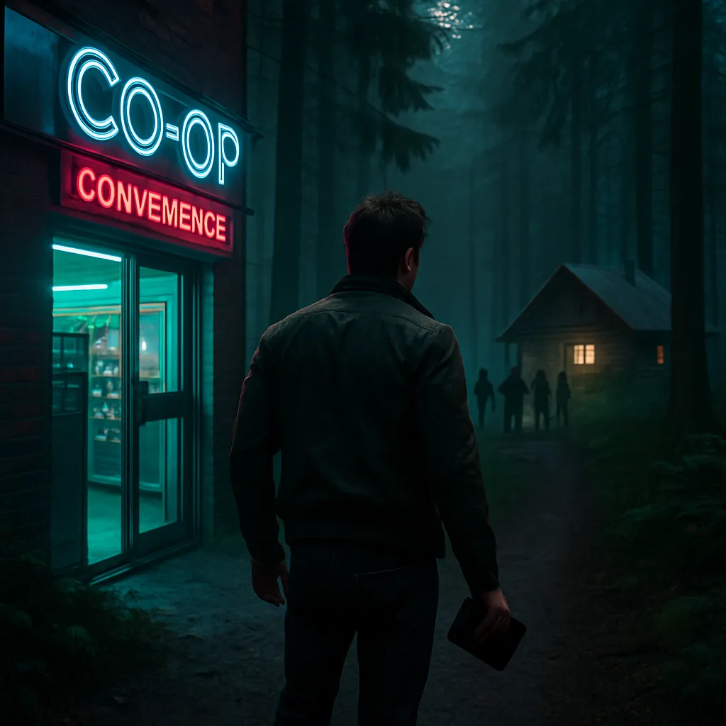 The dream involves finding a wallet at a Co-op, experiencing a strong sexual desire, and encountering a group of people in the woods before reaching a familiar cabin.