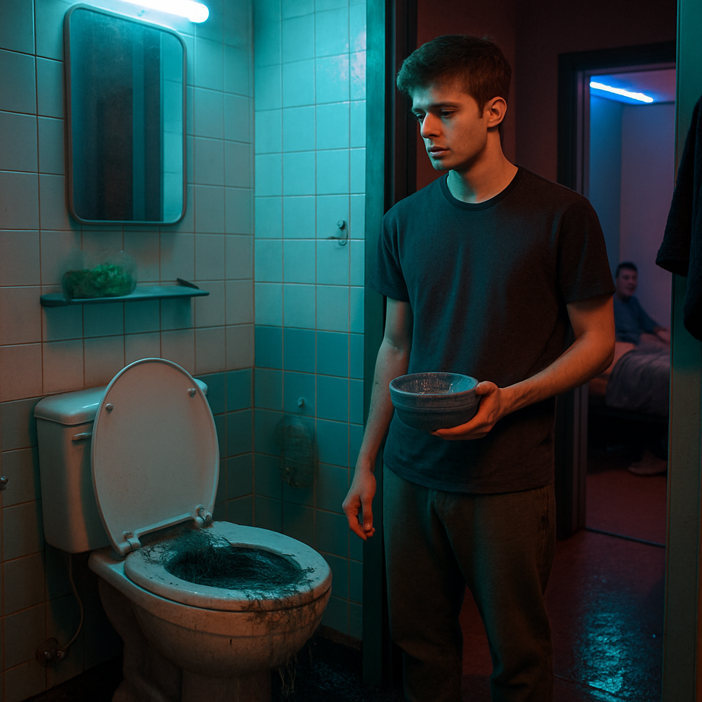 The dreamer visits a male acquaintance during college years and has conflicting emotions about using his belongings like marijuana and socks. A bathroom incident causes distress when filthy water overflows. An artistic creation provides relief but reluctance remains about joining the guy for a restaurant trip.