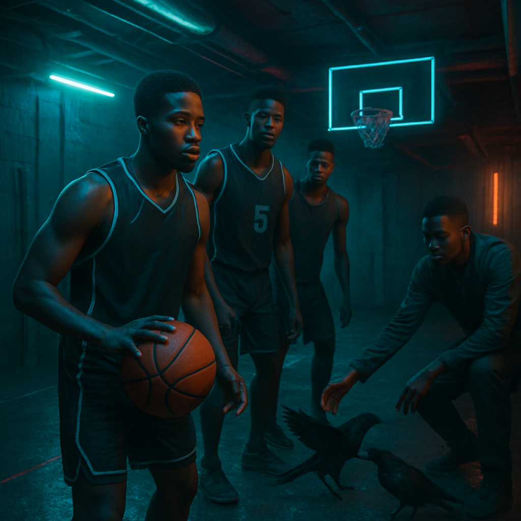 The dream involves preparing for a basketball game and interacting with three black guys, indicating teamwork or assistance. Later, rescuing black birds in a basement suggests dealing with subconscious or hidden thoughts.