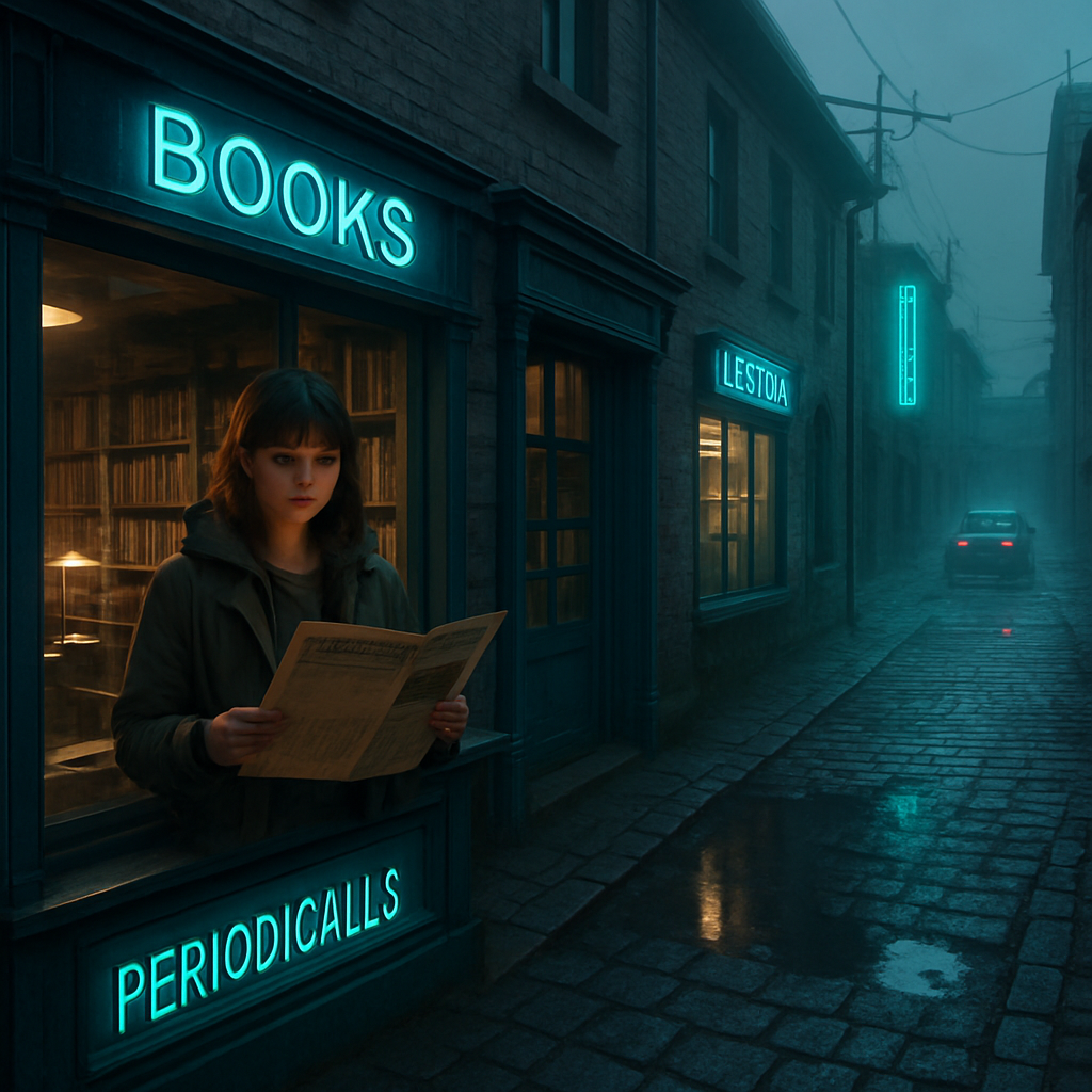 A journey to a rustic town with interactions in a bookstore and library, focusing on a periodical from 1900 with missing parts, leading to confusion on a drive away from town.