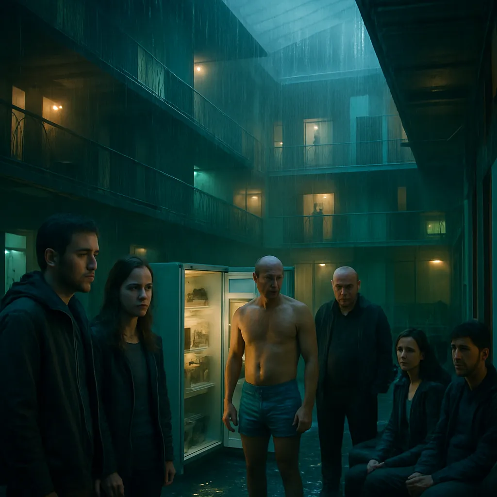The dreamer experiences a series of confusing and communal living situations, including flooded apartments and mistaken identities, while dealing with personal belongings and privacy intrusions. It involves known personalities and strangers.