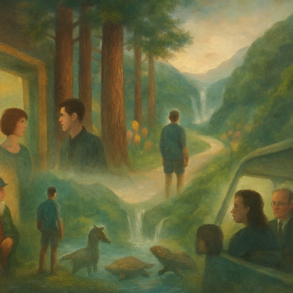 The dreamer is in an unfamiliar house with an eccentric host, then transitions to a park-like road with redwood trees and a celebratory atmosphere. Later, they explore a valley for healing waters but end up in a van with lawyers, searching for legal aid.