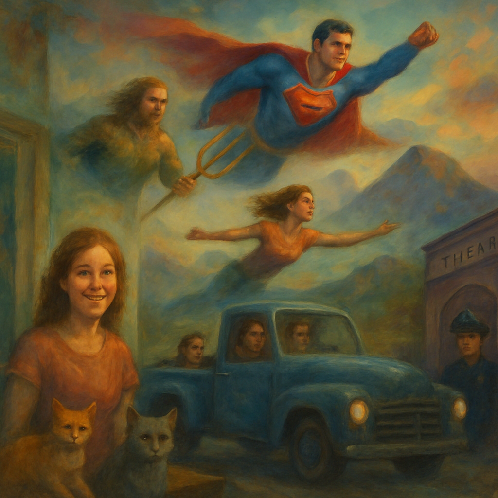 The dreamer experiences several scenarios involving friends, fictional superheroes, and a sense of freedom and invincibility. Key events include staying at a house full of cats, traveling with Judea in a truck, and escaping from a theater using superpowers with the help of Superman, despite facing law enforcement.