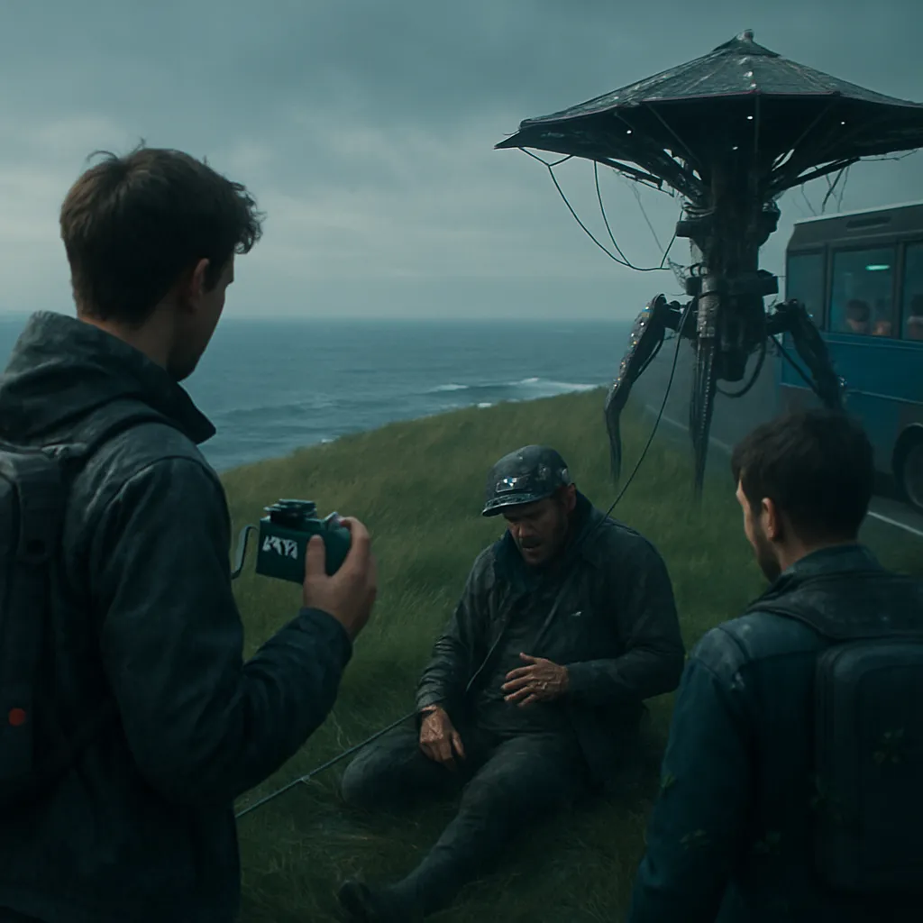 The dreamer walked through a field by the sea with a companion, contemplating the beauty captured by cameras. They encountered a dangerous contraption and injured fisherman. Later, on a bus, they were annoyed by biting critters.
