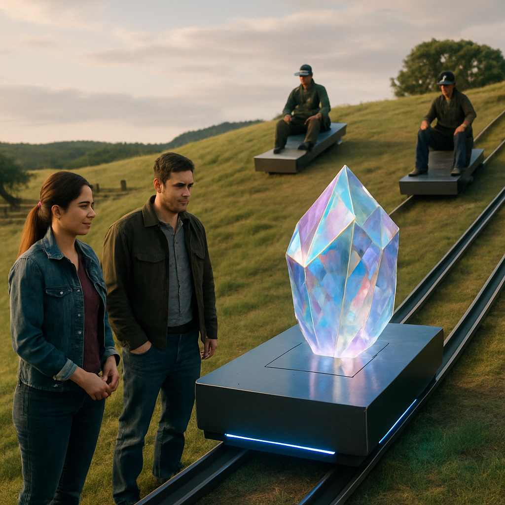 The dreamer is at a ranch with their wife and some unknown guys, organizing a contest with display platforms that slide down a hill. The platforms evolve from gray boxes to beautiful crystals, leading to a deeper understanding of the participants.