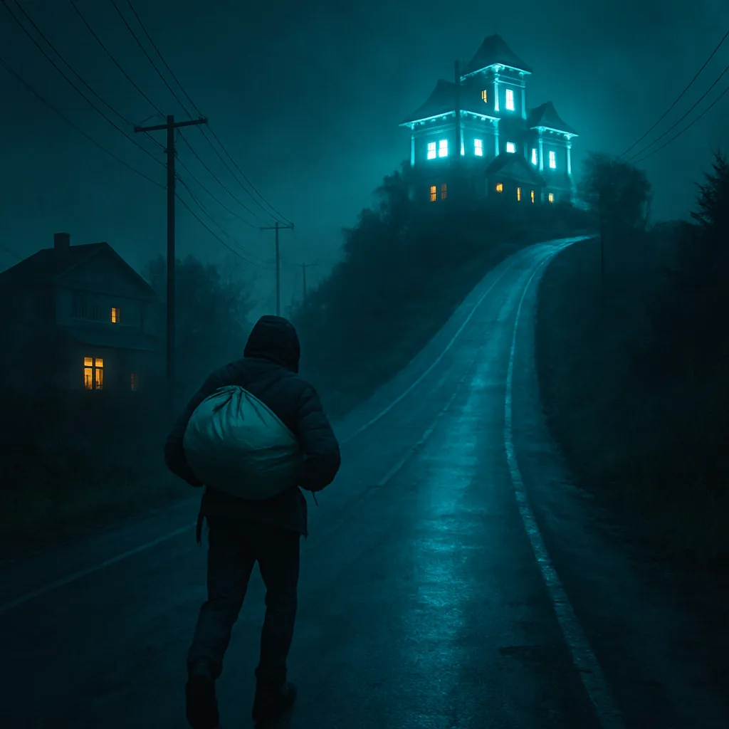 The dreamer carries a bundle secretly to a house, climbs a hill to an empty road, and ends up in a big house on a hill.