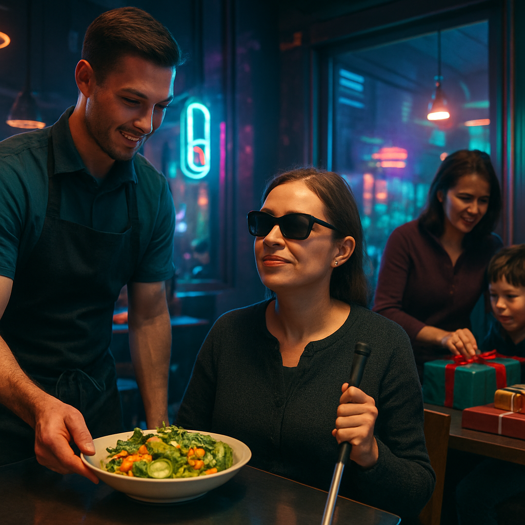 The dreamer works at a restaurant where a blind woman appreciates a salad. They also prepare Christmas presents for family, facing challenges with Michael's excitement.