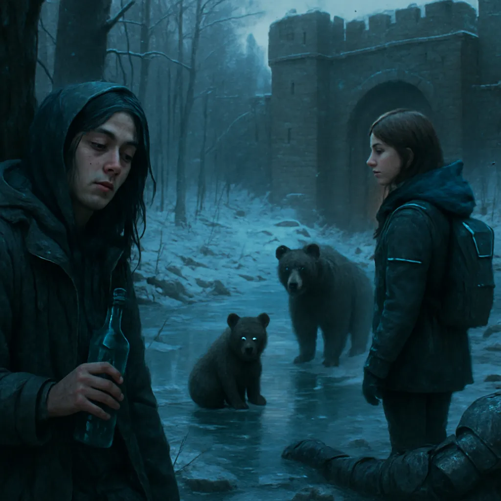 In a winter forest, the dreamer awaits companions to cross a frozen creek, encountering symbolic figures like a drunken woman and a baby bear identified as a spirit animal. Amidst a backdrop of past battles, they navigate the frozen terrain towards an uncertain journey.