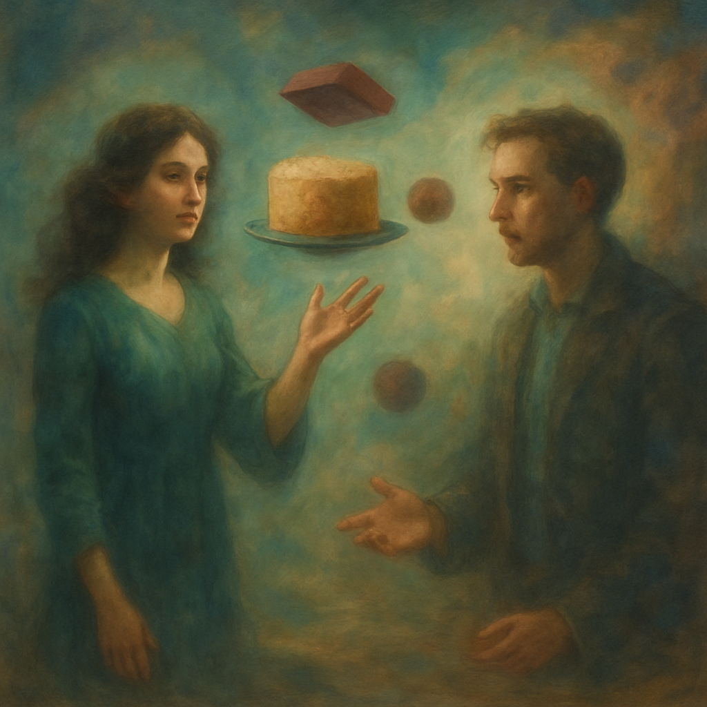 The dream involves a demonstration by a woman using mind control to suspend objects like a cake in midair. The woman then transforms into a man, and there's a conversation about understanding the demonstration.