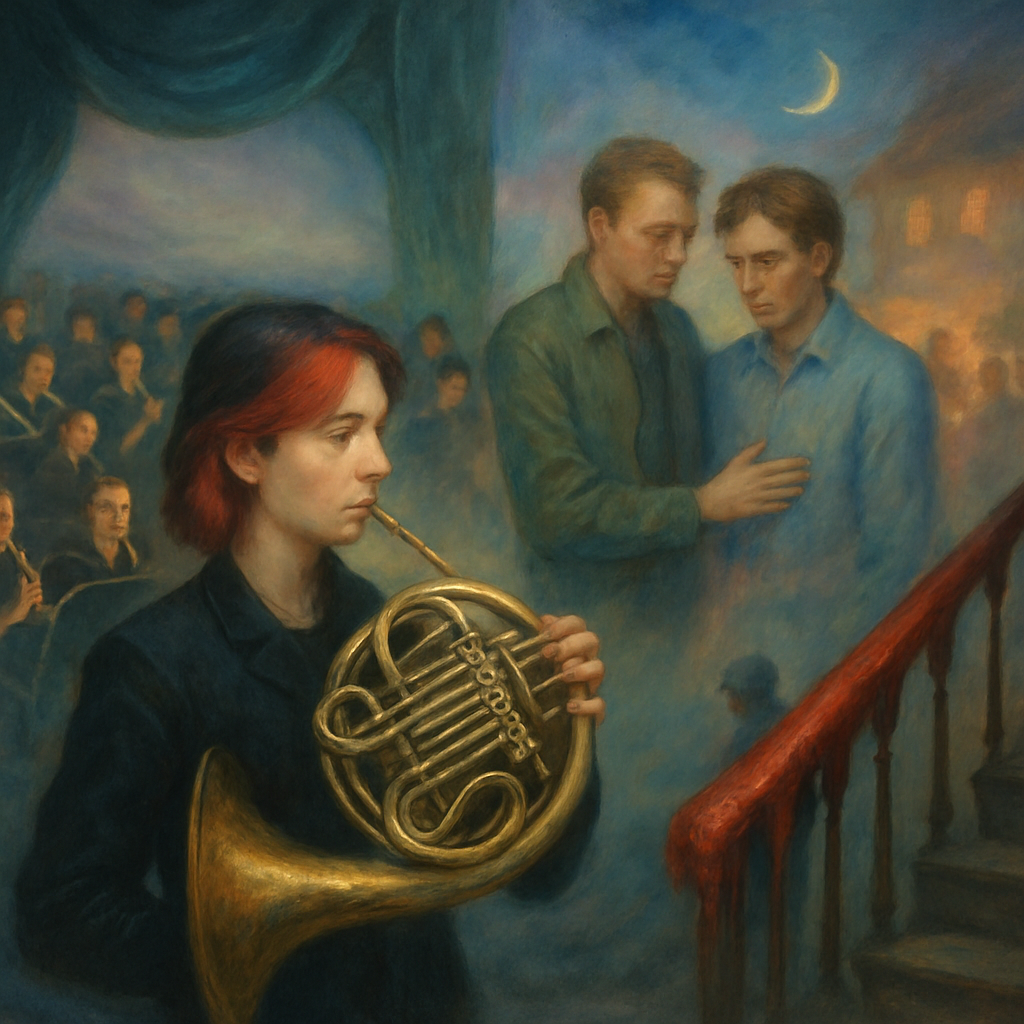 Dreamt of being part of a concert band, nervousness about performance, interaction with a known person Clayton and acquaintance, a symbolic incident involving a wet, blood-like bannister, and complex emotions between two relationships.