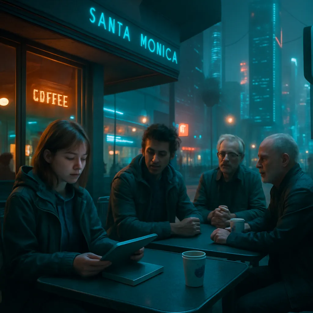 The dreamer is in LA, trying to get downtown amidst logistical challenges. They encounter a friend at a coffee shop in Santa Monica with older male friends. An interaction about book signing leads to feelings of anxiety, curiosity, and a desire for solitude.