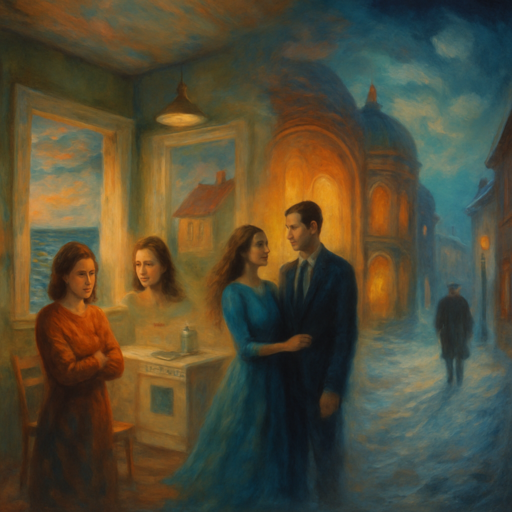 The dreamer revisits their childhood home, facing sibling tensions, explores an alternate life with a mysterious partner, navigates a European opera house filled with magical items, and confronts past relationships on a snowy street. The dream ends with feelings of independence and self-assertion.