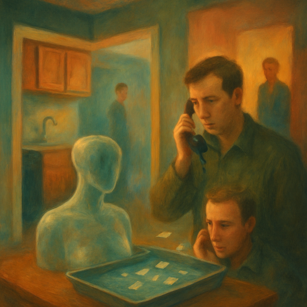 The dreamer finds themselves in a reversed version of their apartment with an out-of-place headless glass bust. After interactions involving unusual phenomena in everyday tasks, such as fetching water and a call from a colleague seeking advice on driving and running late, the dreamer feels a mix of confusion and responsibility.