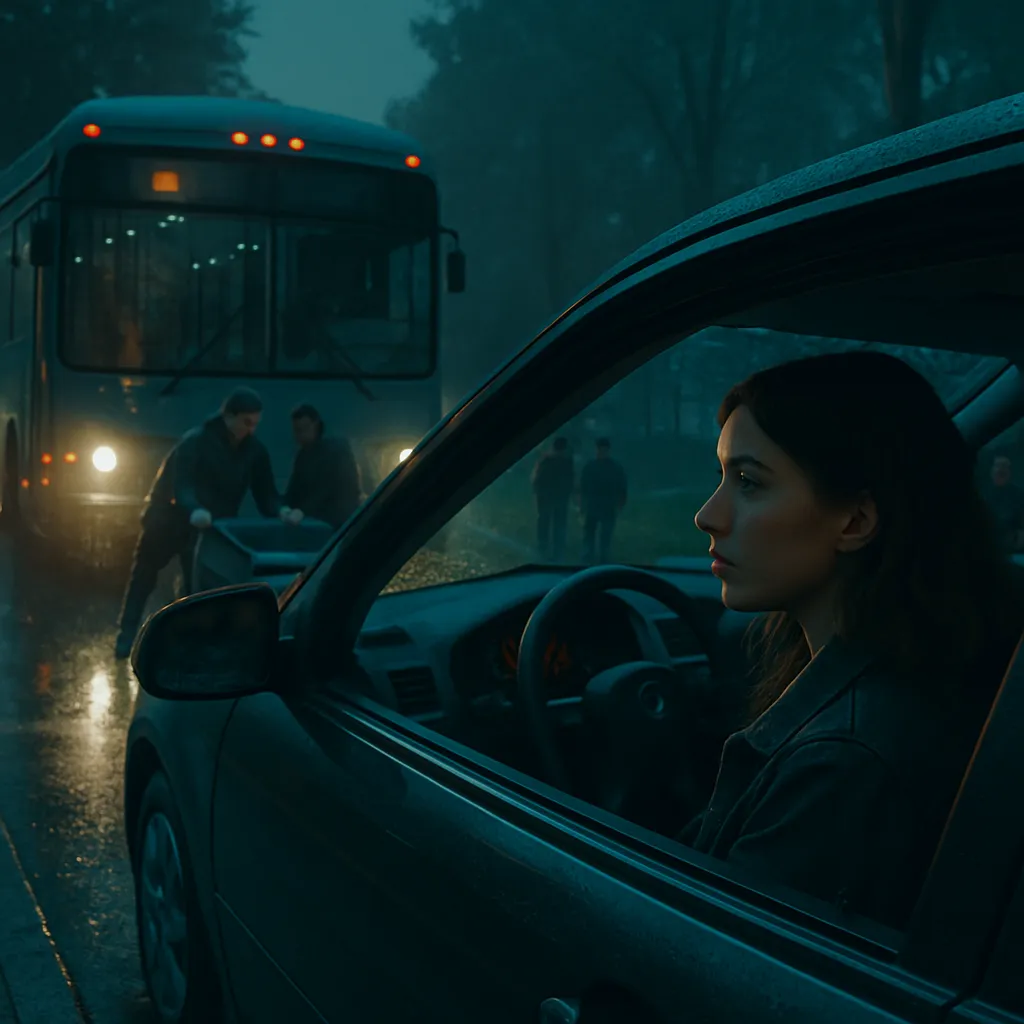 The dream involves driving on Arlington Avenue with a woman in the car. The dreamer feels concerned about a bus driving too close. They pull over to let it pass, then join a group for a fixing-up project, eventually tipping a cart/bin to retrieve an item.
