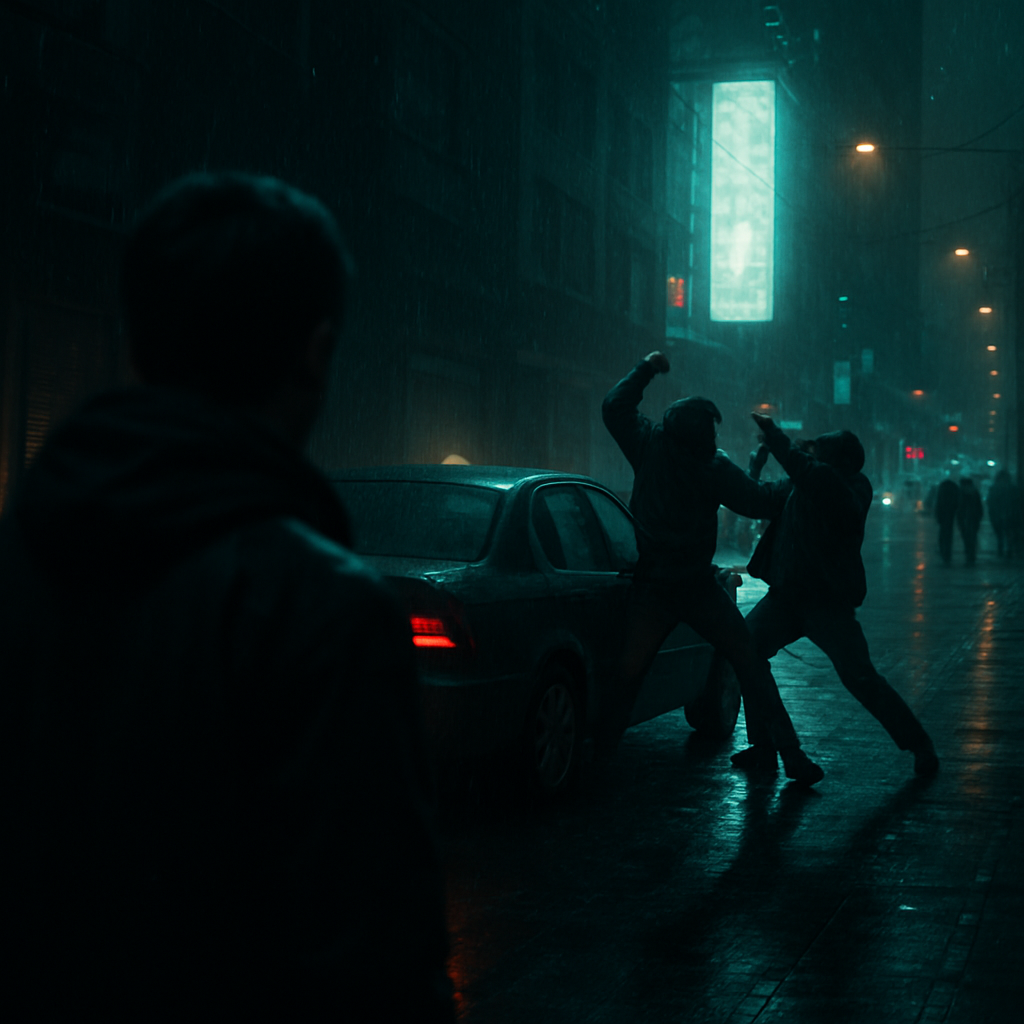 The dreamer finds themselves on a city street witnessing a fight by a car, fearing the beginning of more public violence and feeling the urge to escape.