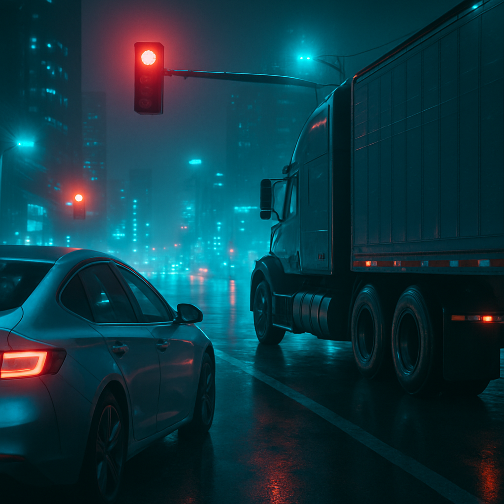 The dreamer is driving and stops at a traffic light with a big truck beside them. They decide to wait for the truck even though they could turn right, demonstrating patience.