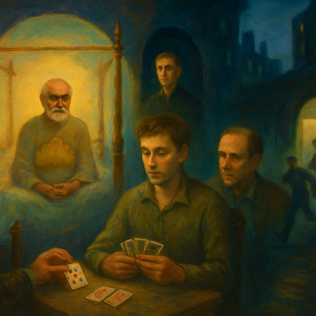 The dream involves preparing to meet Ram Dass, engaging in a card game, and fragments of running in New York. It includes meeting family members and feeling uncomfortable during these interactions.