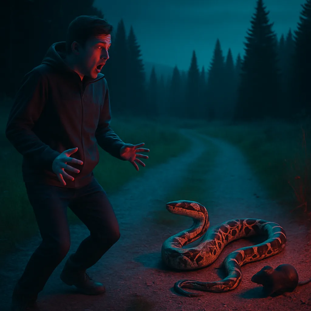 The dreamer stands on a path in a natural setting, observes a snake sunning itself, admires its markings, then screams as it quickly moves toward a rat. The dreamer's scream wakes them up.