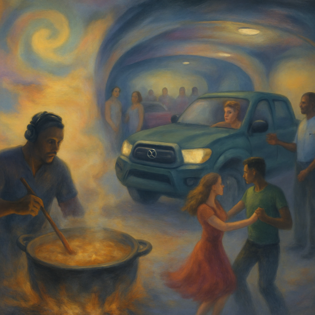 The dreamer is on vacation with a group of strangers, picking rental cars. Desiring to drive a Toyota Tacoma, the dreamer takes control despite fear of faulty brakes. The scene shifts to cooking with a DJ playing music, leading to mutual interaction and dancing.