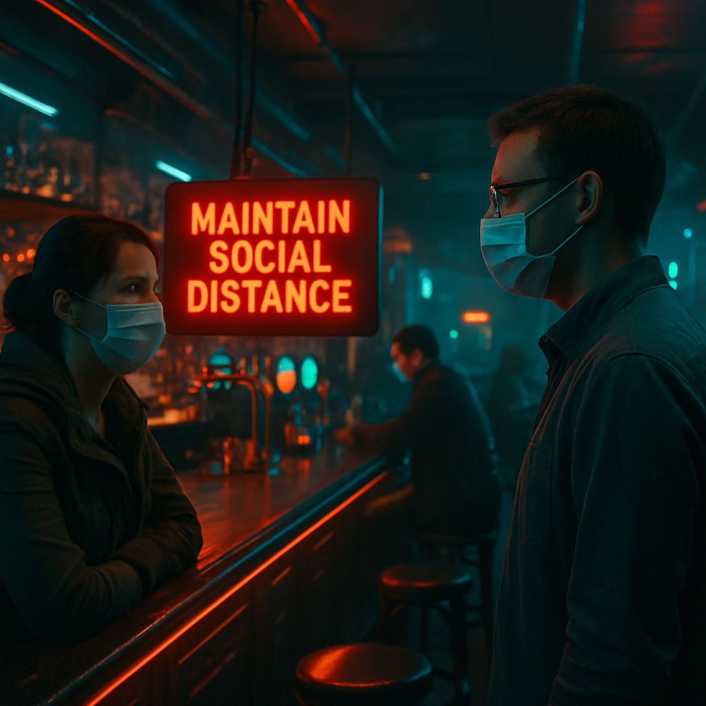 The dreamer envisions returning to a familiar social environment, a bar, after isolation measures are lifted, while maintaining social distancing protocols.