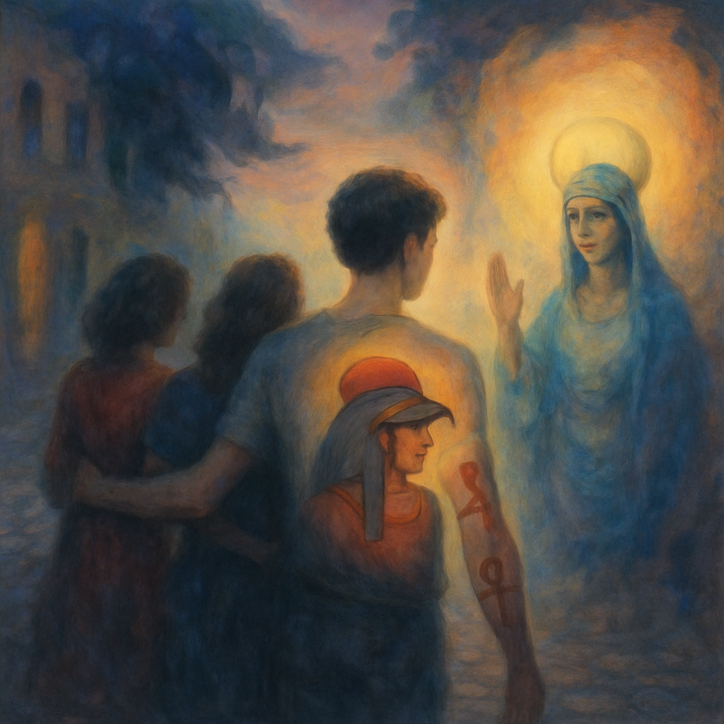 The dream involved walking down a street with companions, facing negativity, receiving reassurance from a priestess, and experiencing a transformative change where the dreamer's tattoo shifted from a goddess to Mars resembling Ra, suggesting a journey to another dimension and waking up with this change still present.