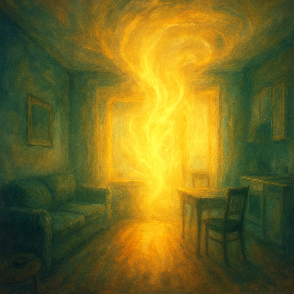 A glowing golden light illuminates the dreamer's apartment, creating a sense of peace.