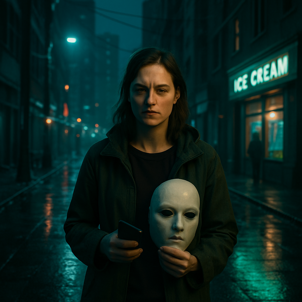 The dream involves walking alone at night in a dark city, carrying a mask, and visiting a shared but unfamiliar home with an ex, Rory. The dreamer anticipated an ice cream delivery, a novel experience, but awoke feeling angry and exhausted.