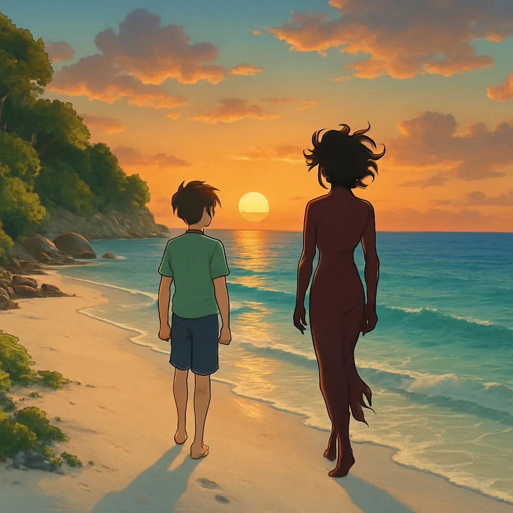 The dreamer and an entity named Desire are walking on a secluded beach with white sands and a clear ocean, while the sun sets.