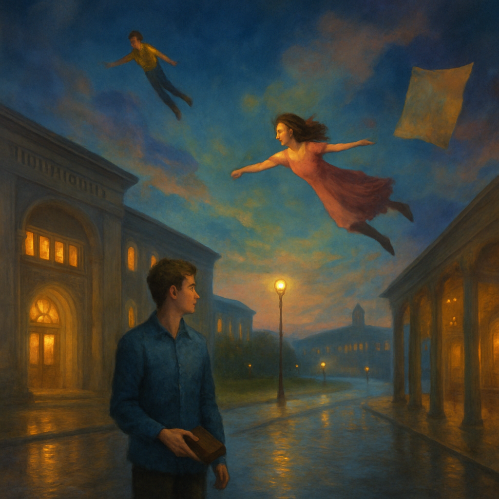 The dreamer navigates a university setting, meets a young man named Kyle, and experiences flying with friends. It transitions to exploring a vast campus where record-keeping and the symbolic loss of a poster occur, all while holding Kyle's wallet.